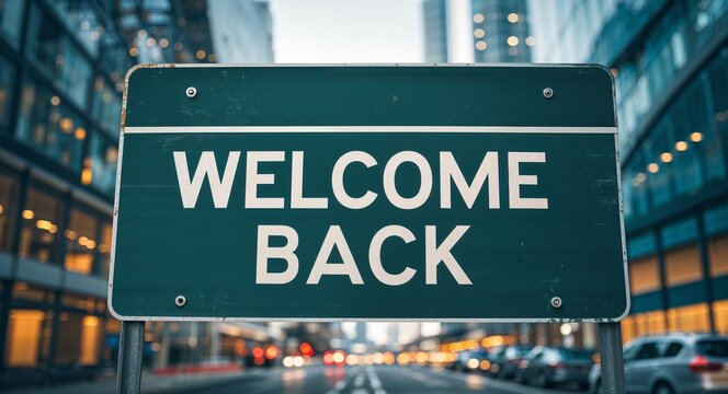 welcome back text on road sign in middle of modern business city background