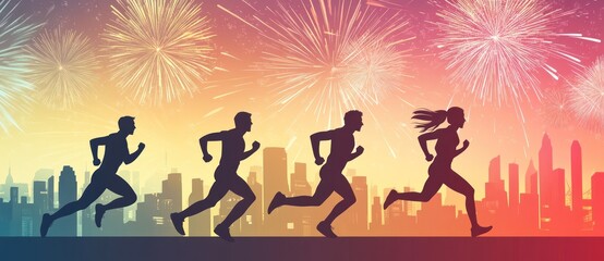 Obraz premium Silhouetted runners against a city skyline and vibrant fireworks celebration backdrop
