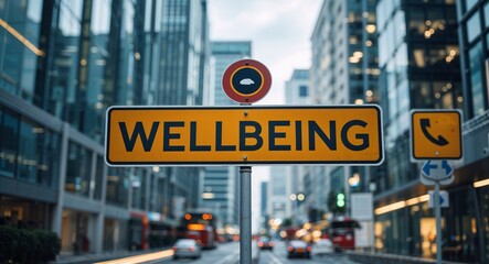 Obraz premium wellbeing text on road sign in middle of modern business city background