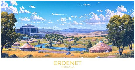 Erdenet Mongolia Travel Poster Flat Illustration Print Decor Gift Canvas Wall Art