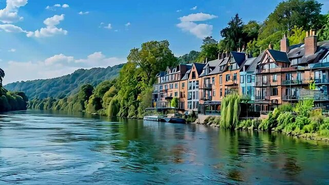 a river  and  buildings  in Llangollen