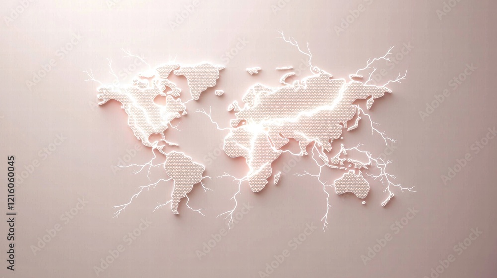 Poster lightning bolt on a global network map a world map with interconnected nodes and lightning bolts fla