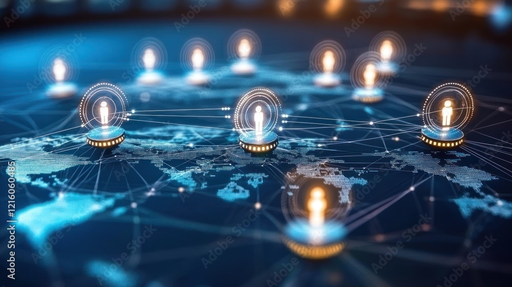 Poster Global Network Connections Illuminated Nodes World Map Digital