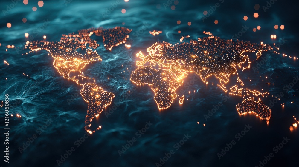 Aufkleber digital tech inspired world map a world map with glowing lines connecting major cities, representing