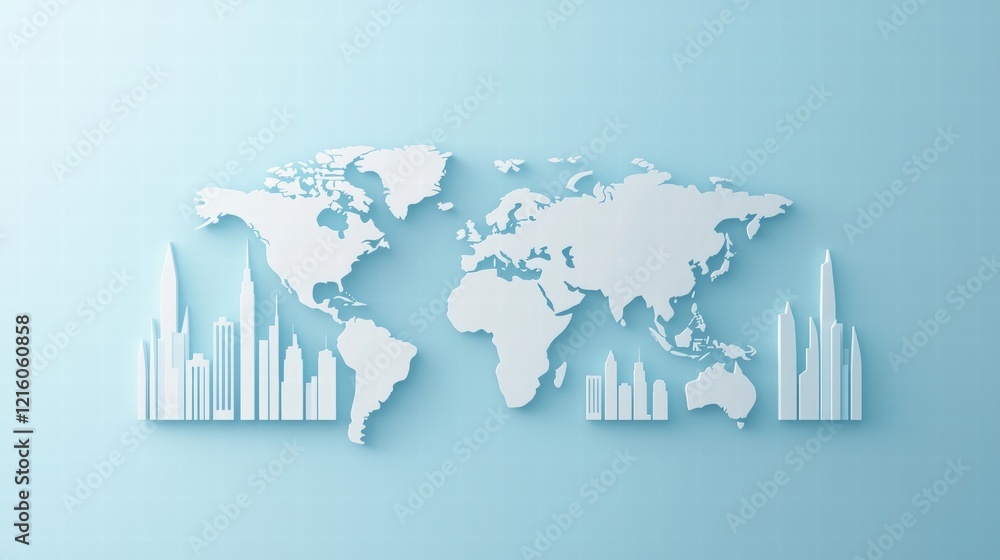 Poster flat vector world map a vector world map with major cities marked, suitable for travel planning and 