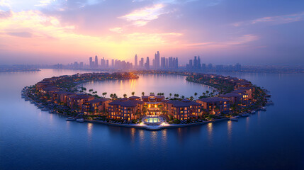 Naklejka premium Aerial view of a circular island city with glowing lights, futuristic skyline, and calm ocean waters at sunset