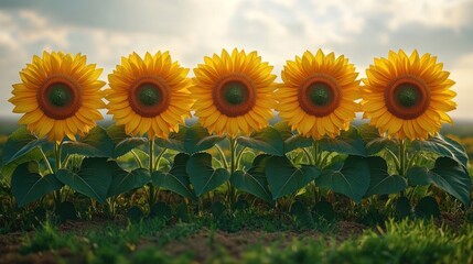 Obraz premium Sunflowers blooming in a field at sunset, agriculture