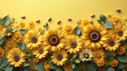 Paper sunflowers, bees, yellow background, floral arrangement, summer design