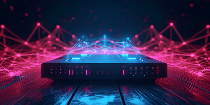 Futuristic server rack with neon lights, glowing cables, and floating data particles in a cyberpunk atmosphere
