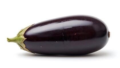 A single, large, ripe, dark purple eggplant isolated on a pure white background, showcasing its smooth skin and vibrant color, perfect for culinary or agricultural use.