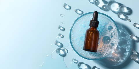An amber glass dropper bottle with water droplets and a circular reflection, set against a light blue background, highlighting a clean skincare concept