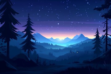 Serene Night in a Pixelated Forest Landscape with Starry Sky