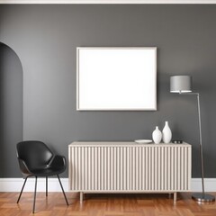 Frame mockup, ISO A paper size. black and grey Living room wall poster mockup. Interior mockup with house background. Modern interior design, modern living with blank frame.