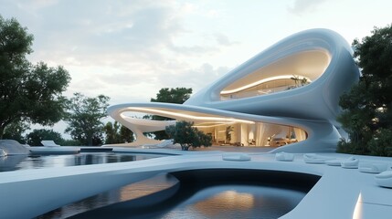 Obraz premium A striking building showcases fluid, organic designs set near tranquil waters and lush greenery at twilight. The structure invites admiration with its unique form and inviting atmosphere.