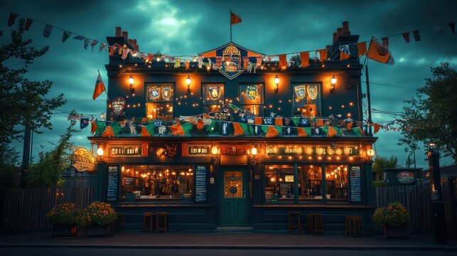 Festive Irish pub night, city street, flags