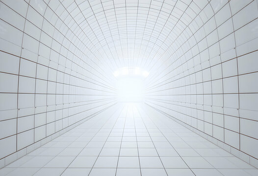 futuristic tunnel, white geometric interior, curved walls and ceiling, hexagonal tiled pattern, vanishing point perspective, minimalist architecture, sci-fi corridor, clean lines, symmetrical design,