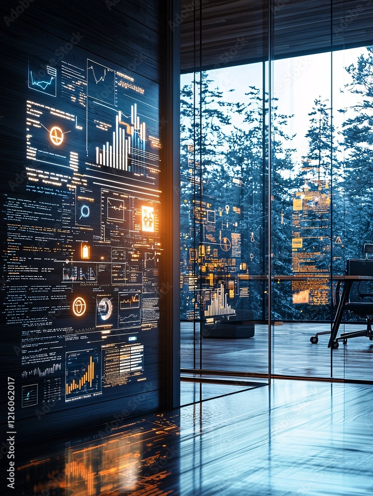 Poster a high-tech office with a large wall-mounted screen displaying future consumer forecast charts and p