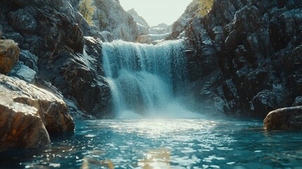 Majestic waterfall cascading into a serene pool in a rocky mountain gorge, bathed in sunlight.