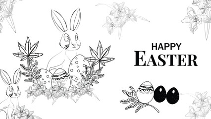 Happy Easter with Bunnies and Easter Eggs in Black and White