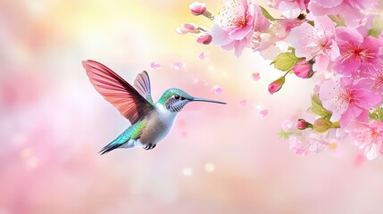 A dynamic portrait of a hovering hummingbird with iridescent feathers, frozen mid-flight against a blurred floral background.