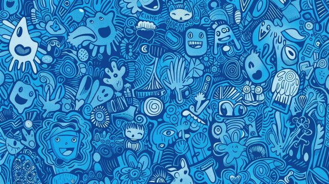 A vibrant blue pattern filled with whimsical doodles and playful characters.