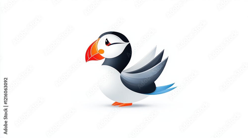 Poster a minimalist illustration of a puffin in profile view, emphasizing its colorful beak and sleek form 