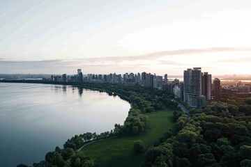 Fototapeta premium high-angle drone shot of city skyline at dusk showing vibrant mix of architecture green spaces and waterfront views