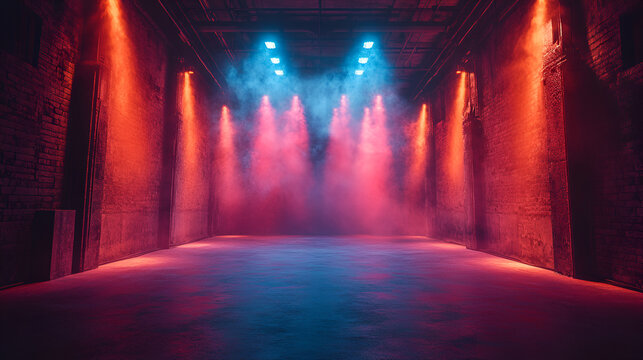 A neon lit stage with vibrant red and blue spotlights, dramatic lighting, and a reflective floor, set in a futuristic nightclub with a cinematic, cyberpunk ambiance

