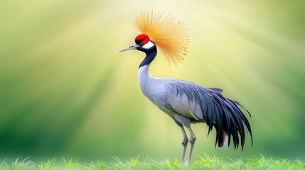 Fototapeta premium A regal portrait of a Grey Crowned Crane with its golden crown feathers, captured in a soft, natural light against a subtle green background.