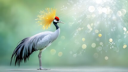 Fototapeta premium A regal portrait of a Grey Crowned Crane with its golden crown feathers, captured in a soft, natural light against a subtle green background.
