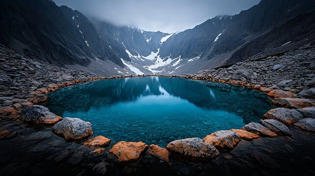 Mountain lake reflection, serene alpine landscape, tranquil scene, nature wallpaper - Powered by Adobe