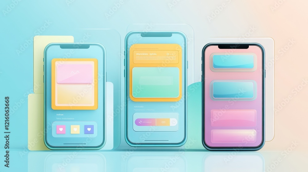 Poster modern pastel-colored smartphone ui mockups: user interface design for mobile app development