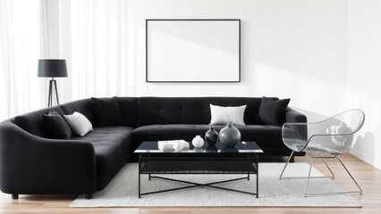 Front view of a chic living room featuring a comfortable, deep-seated black sofa with plush cushions. A blank white frame on the wall, surrounded by modern furniture including a glass coffee table.