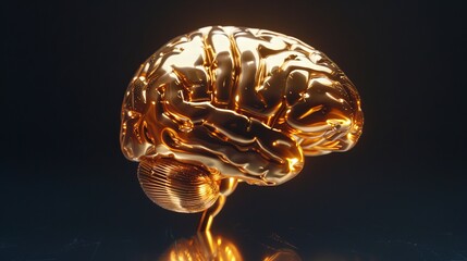 Golden metallic brain sculpture illuminated on dark background.