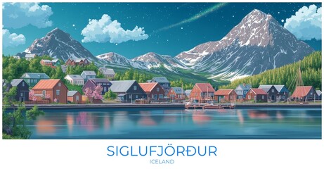 Siglufjörður Iceland Travel Poster Flat Illustration Print Decor Gift Canvas Wall Art