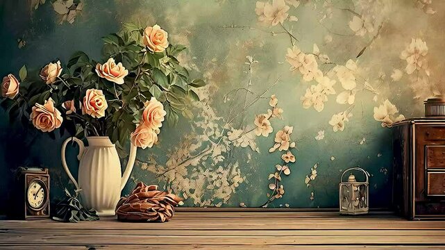 a vase ,  clock , and  flowers  on  a table