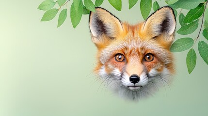 Fototapeta premium Close-up of a fox's face, showcasing its sharp features, alert ears, and intense amber eyes, framed by soft green foliage.