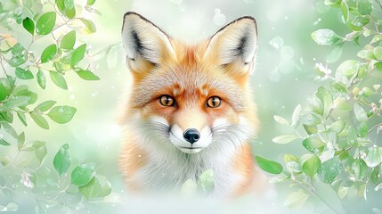 Obraz premium Close-up of a fox's face, showcasing its sharp features, alert ears, and intense amber eyes, framed by soft green foliage.