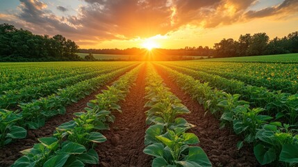 Sunset over rows of crops in a rural field