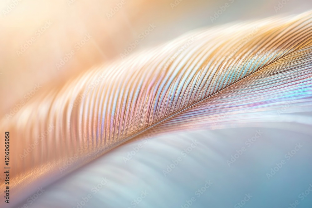 Poster macro shot of feather under soft light revealing intricate iridescent patterns and bold colors
