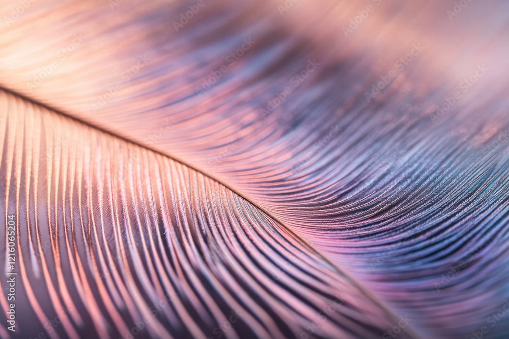 Poster macro shot of feather under soft light revealing intricate iridescent patterns and bold colors