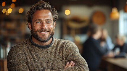 Obraz premium A confident man smiles with his arms crossed among team members in a cozy, stress-free office