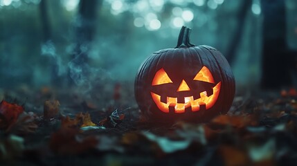 Naklejka premium Illuminated Jack-O'-Lantern in a Foggy Autumn Forest