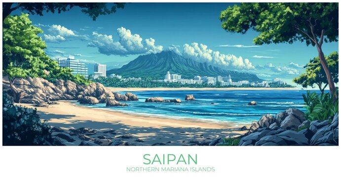 Saipan Northern mariana islands Travel Poster Flat Illustration Print Decor Gift Canvas Wall Art