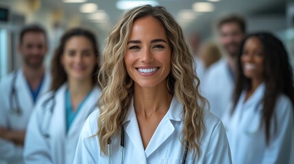 Fototapeta premium A diverse group of smiling medical professionals in white lab coats stand together in a hospital corridor, representing teamwork and healthcare expertise