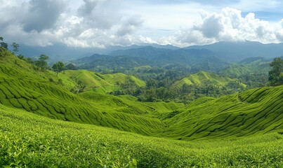 Naklejka premium Sunny Day Panorama of a Lush Green Grass Field with Rolling Hills, Mountains, and Dramatic Clouds, Ideal for Natural Landscape Backgrounds and Relaxing Environment Themes, Generative AI