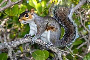 Alert Gray Squirrel Perched on Lush Tropical Branch