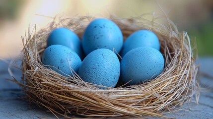 Obraz premium Spectacular Blue Bird Eggs in a Nest: A Breathtaking Nature Scene