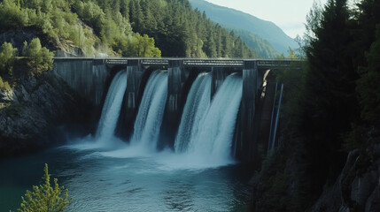 A hydroelectric dam with water cascading down, showcasing water power