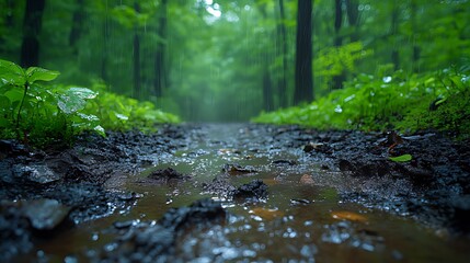 Rainy forest path, muddy trail, green trees, nature background, hiking
